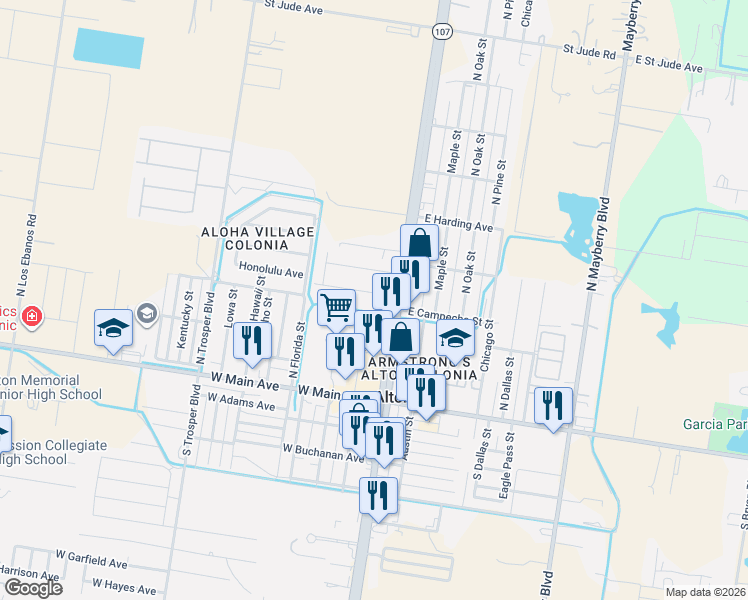 map of restaurants, bars, coffee shops, grocery stores, and more near 309 North Alton Boulevard in Alton