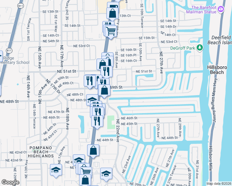 map of restaurants, bars, coffee shops, grocery stores, and more near 2221 Northeast 48th Court in Lighthouse Point