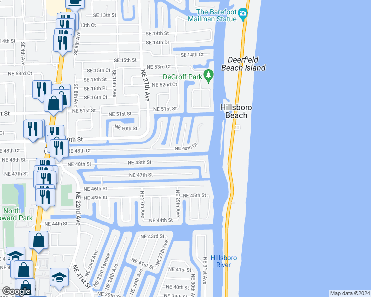map of restaurants, bars, coffee shops, grocery stores, and more near 2911 Northeast 48th Street in Lighthouse Point