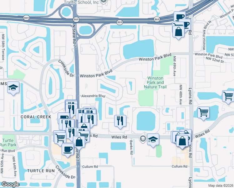 map of restaurants, bars, coffee shops, grocery stores, and more near 5355 Northwest 49th Street in Coconut Creek