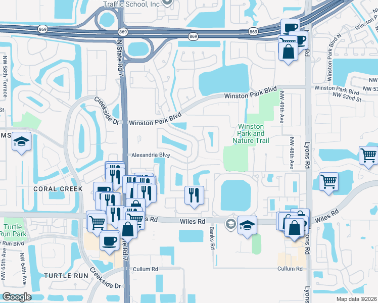 map of restaurants, bars, coffee shops, grocery stores, and more near 5355 Northwest 49th Street in Coconut Creek