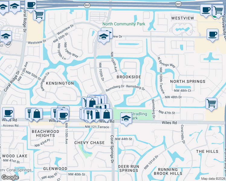 map of restaurants, bars, coffee shops, grocery stores, and more near 4851 Northwest 104th Lane in Coral Springs