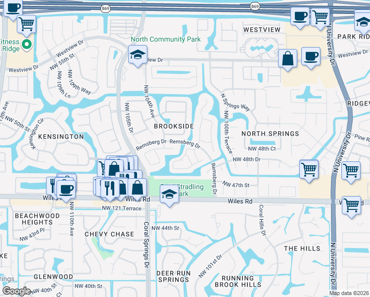 map of restaurants, bars, coffee shops, grocery stores, and more near 4866 Northwest 103rd Drive in Coral Springs