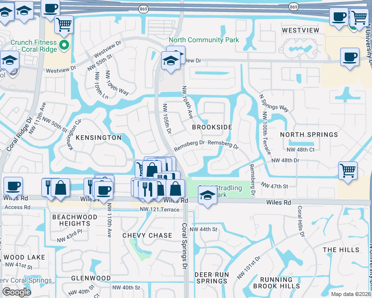 map of restaurants, bars, coffee shops, grocery stores, and more near 4851 Northwest 104th Lane in Coral Springs