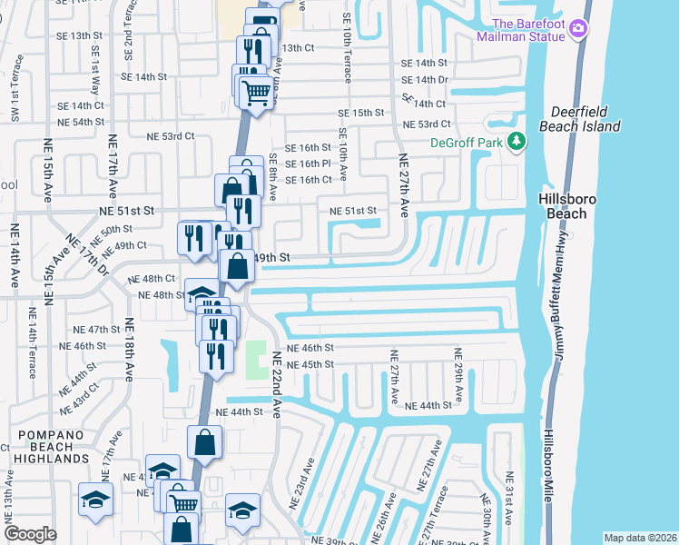 map of restaurants, bars, coffee shops, grocery stores, and more near 2441 Northeast 48th Court in Lighthouse Point