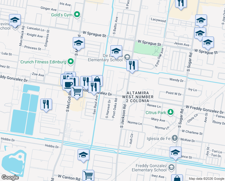 map of restaurants, bars, coffee shops, grocery stores, and more near 2614 Easy Street in Edinburg