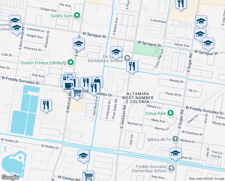 map of restaurants, bars, coffee shops, grocery stores, and more near 2690 Easy Street in Edinburg