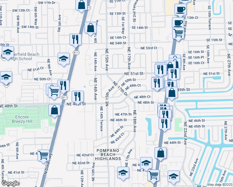 map of restaurants, bars, coffee shops, grocery stores, and more near 1708 Northeast 50th Street in Pompano Beach