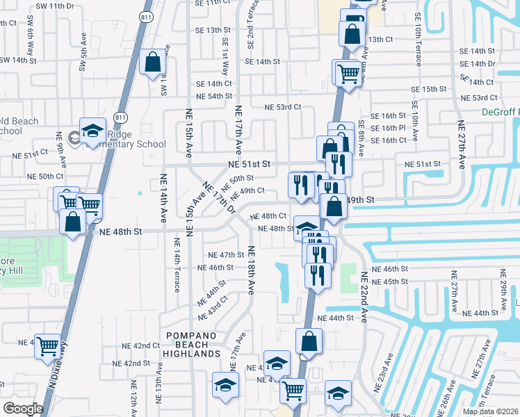 map of restaurants, bars, coffee shops, grocery stores, and more near 1884 Northeast 49th Court in Pompano Beach