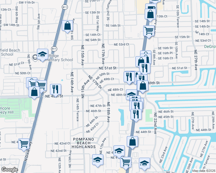 map of restaurants, bars, coffee shops, grocery stores, and more near 1784 Northeast 49th Court in Pompano Beach