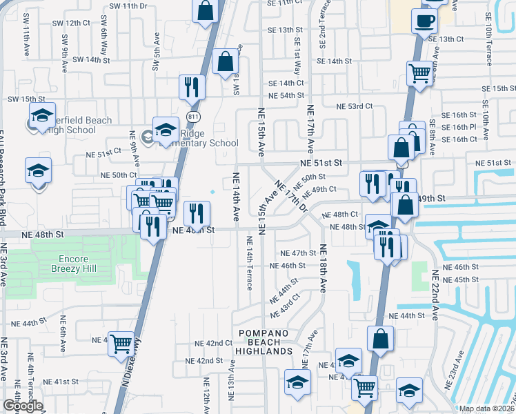 map of restaurants, bars, coffee shops, grocery stores, and more near 4877 Northeast 15th Avenue in Pompano Beach