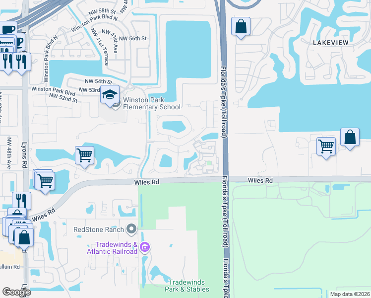 map of restaurants, bars, coffee shops, grocery stores, and more near 3748 Woodfield Court in Coconut Creek