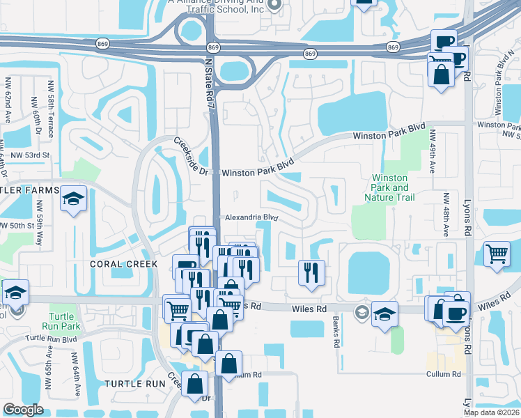 map of restaurants, bars, coffee shops, grocery stores, and more near 4922 Northwest 55th Boulevard in Coconut Creek