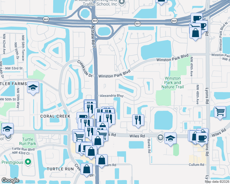 map of restaurants, bars, coffee shops, grocery stores, and more near 4922 Northwest 55th Boulevard in Coconut Creek