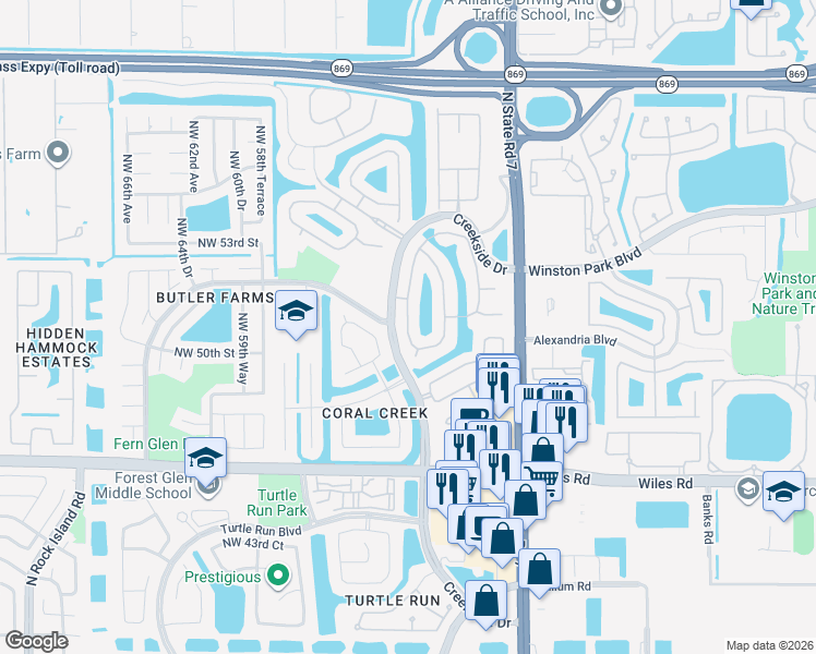 map of restaurants, bars, coffee shops, grocery stores, and more near 5086 Northwest 57th Way in Coral Springs