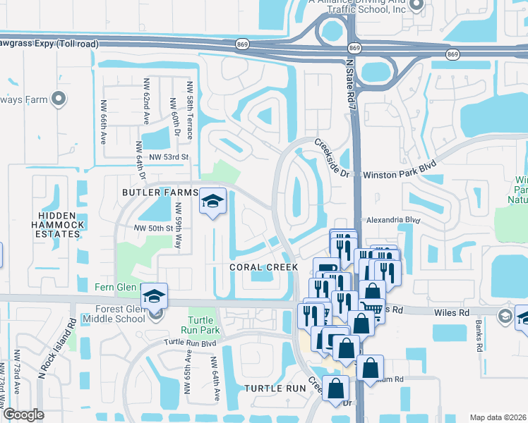 map of restaurants, bars, coffee shops, grocery stores, and more near 5738 Northwest 50th Drive in Coral Springs