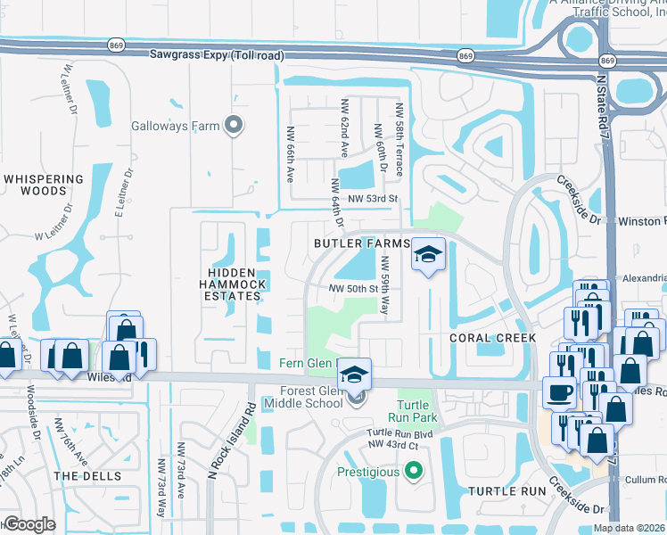 map of restaurants, bars, coffee shops, grocery stores, and more near 5140 Northwest 64th Drive in Coral Springs