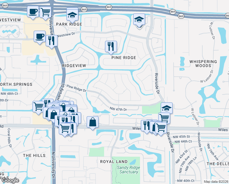 map of restaurants, bars, coffee shops, grocery stores, and more near 8649 Northwest 50th Drive in Coral Springs
