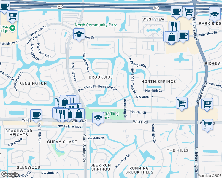 map of restaurants, bars, coffee shops, grocery stores, and more near 4906 Northwest 102nd Drive in Coral Springs