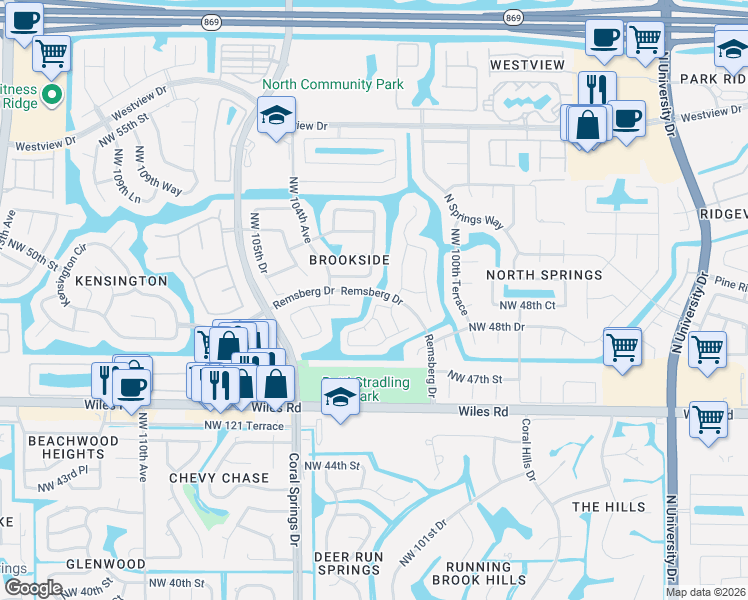 map of restaurants, bars, coffee shops, grocery stores, and more near 10310 Northwest 49th Court in Coral Springs