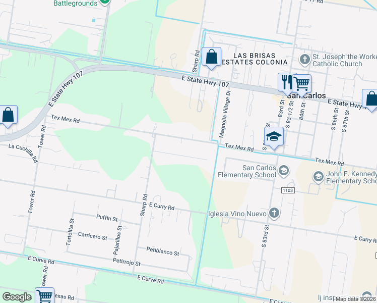map of restaurants, bars, coffee shops, grocery stores, and more near 7610 Tex Mex Road in Edinburg