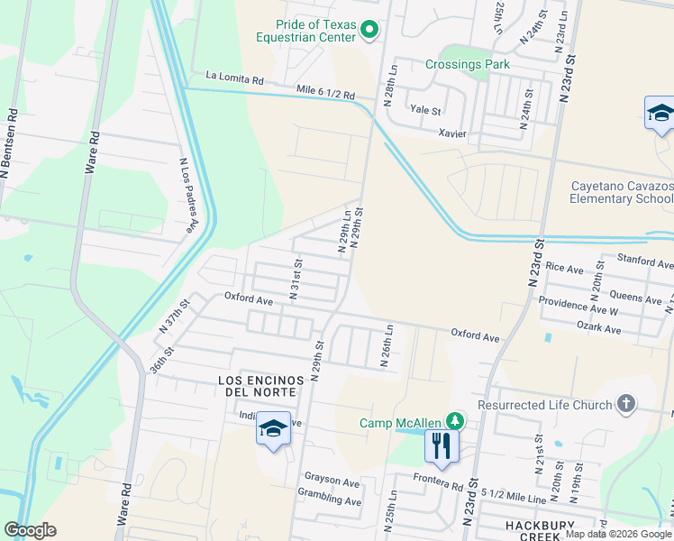 map of restaurants, bars, coffee shops, grocery stores, and more near 2920 Queens Road in McAllen