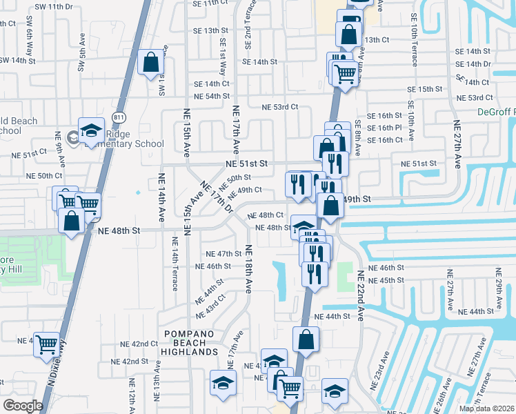 map of restaurants, bars, coffee shops, grocery stores, and more near 1884 Northeast 49th Court in Pompano Beach