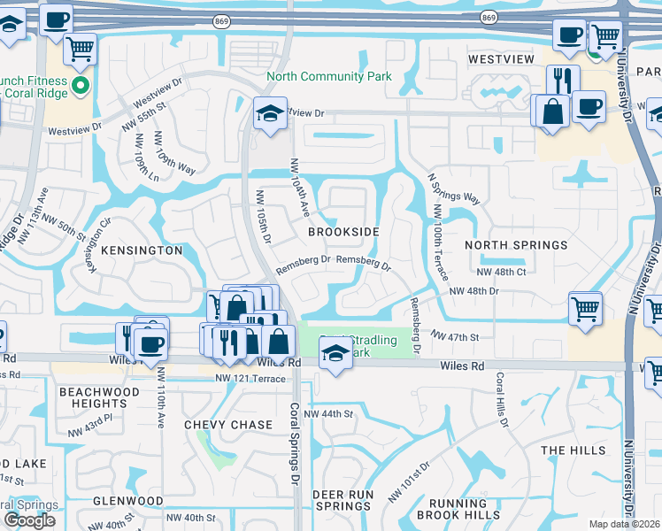 map of restaurants, bars, coffee shops, grocery stores, and more near 10411 Northwest 48th Manor in Coral Springs