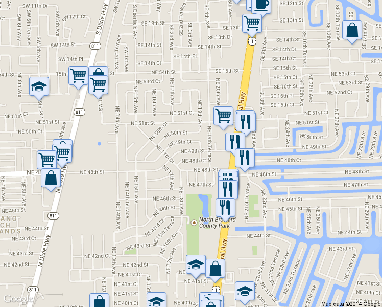 map of restaurants, bars, coffee shops, grocery stores, and more near 1884 Northeast 49th Court in Pompano Beach