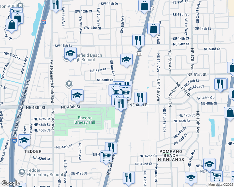 map of restaurants, bars, coffee shops, grocery stores, and more near 921 Northeast 49th Street in Pompano Beach