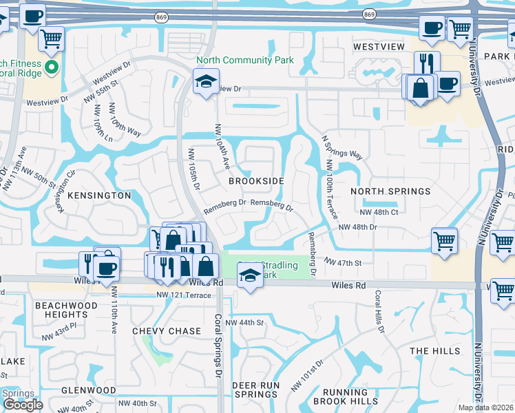 map of restaurants, bars, coffee shops, grocery stores, and more near 10310 Northwest 49th Court in Coral Springs