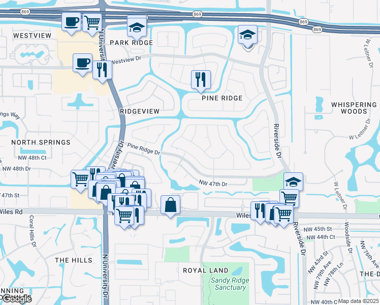 map of restaurants, bars, coffee shops, grocery stores, and more near 8649 Northwest 50th Drive in Coral Springs