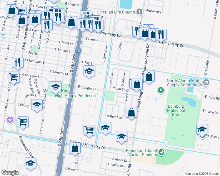 map of restaurants, bars, coffee shops, grocery stores, and more near 621 Cardinal Avenue in Edinburg
