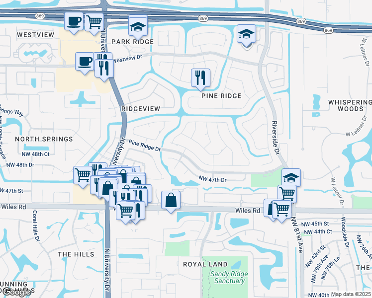 map of restaurants, bars, coffee shops, grocery stores, and more near 8851 Northwest 49th Drive in Coral Springs