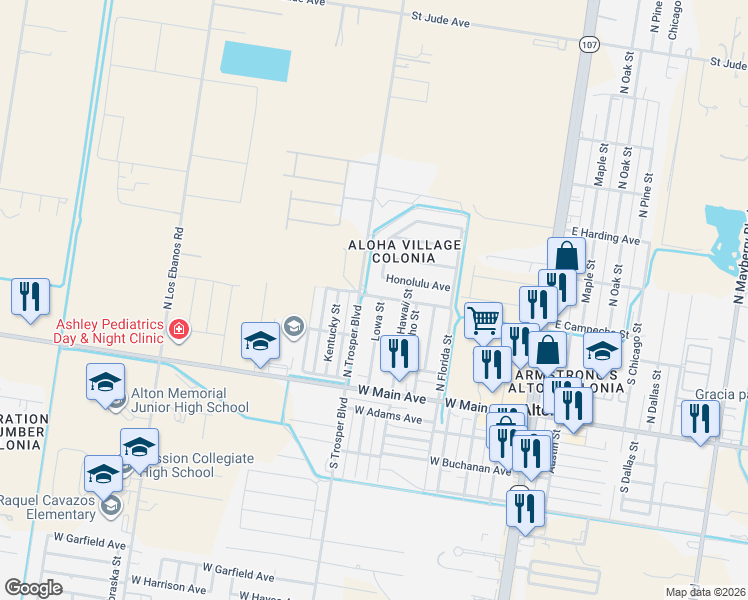 map of restaurants, bars, coffee shops, grocery stores, and more near 713 West Campeche Avenue in Mission