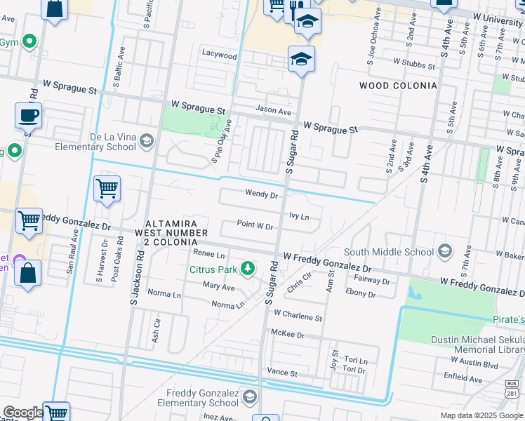 map of restaurants, bars, coffee shops, grocery stores, and more near Ivy Lane in Edinburg