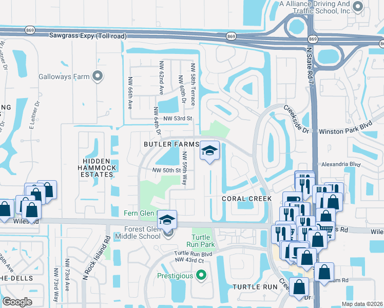 map of restaurants, bars, coffee shops, grocery stores, and more near 5146 Northwest 58th Terrace in Coral Springs