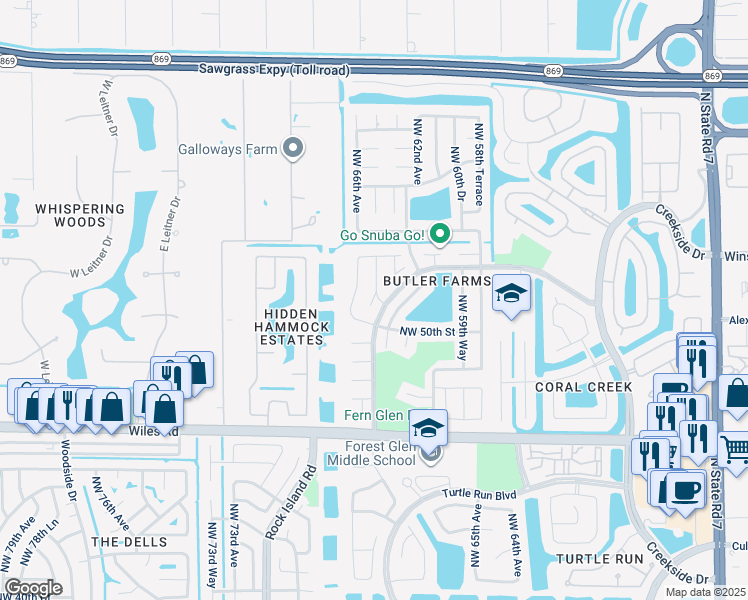 map of restaurants, bars, coffee shops, grocery stores, and more near 5084 Northwest 66th Lane in Coral Springs
