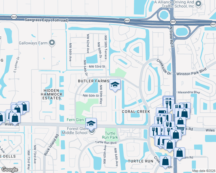 map of restaurants, bars, coffee shops, grocery stores, and more near 5107 Northwest 58th Terrace in Coral Springs