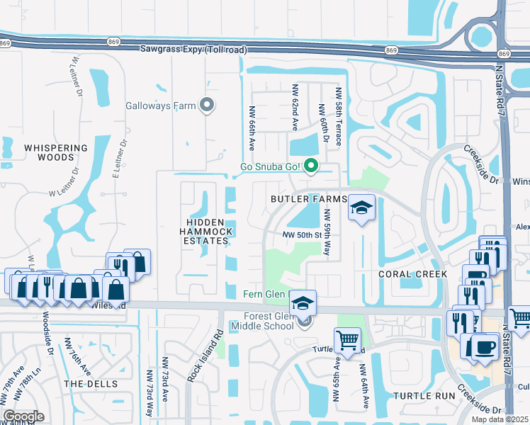 map of restaurants, bars, coffee shops, grocery stores, and more near 5084 Northwest 66th Lane in Coral Springs
