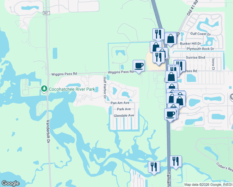 map of restaurants, bars, coffee shops, grocery stores, and more near 101 Wiggins Lake Court in Naples