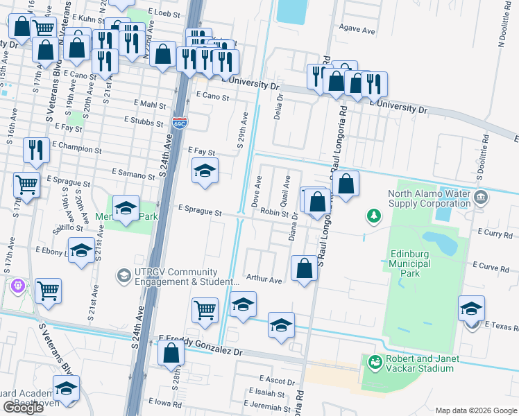 map of restaurants, bars, coffee shops, grocery stores, and more near 710 Robin Street in Edinburg