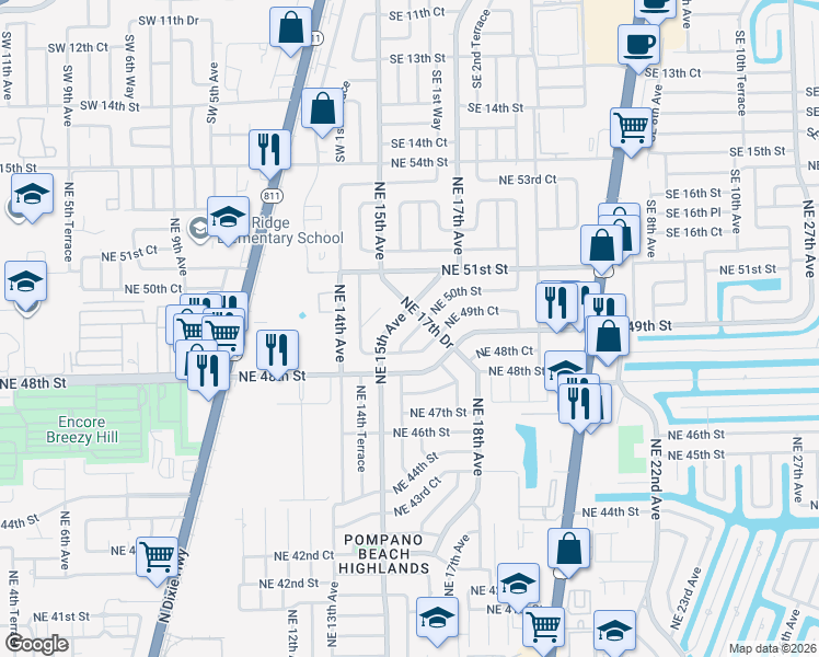 map of restaurants, bars, coffee shops, grocery stores, and more near 4877 Northeast 15th Avenue in Pompano Beach
