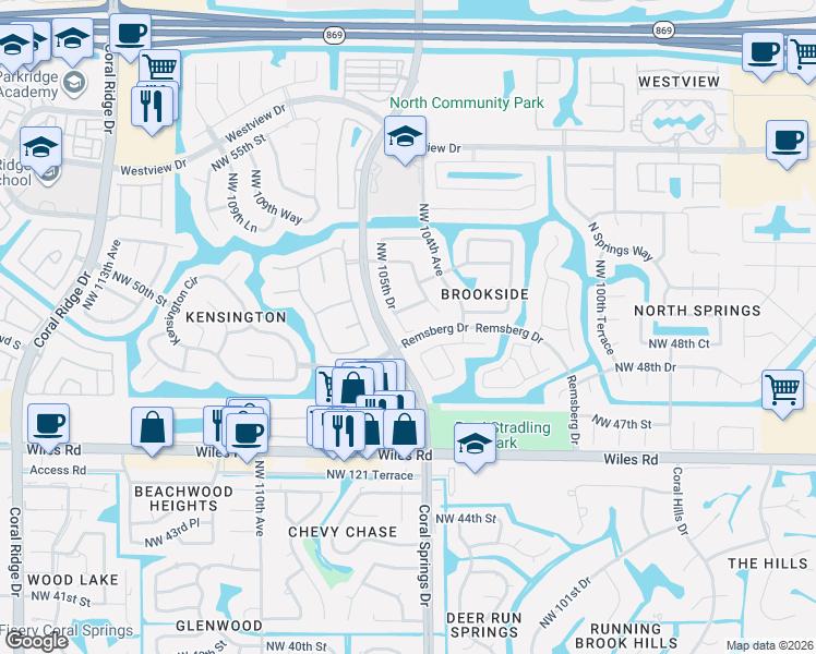 map of restaurants, bars, coffee shops, grocery stores, and more near 4966 Northwest 104th Way in Coral Springs
