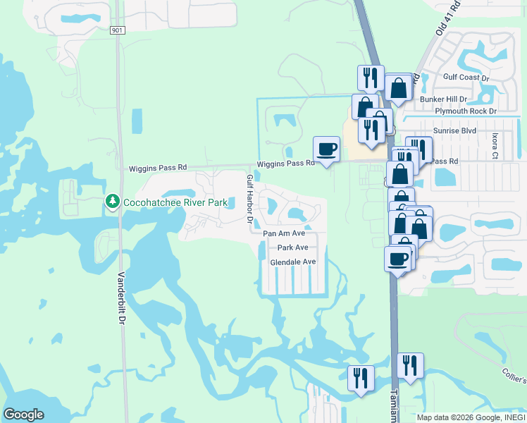 map of restaurants, bars, coffee shops, grocery stores, and more near 790 Wiggins Lake Drive in Naples