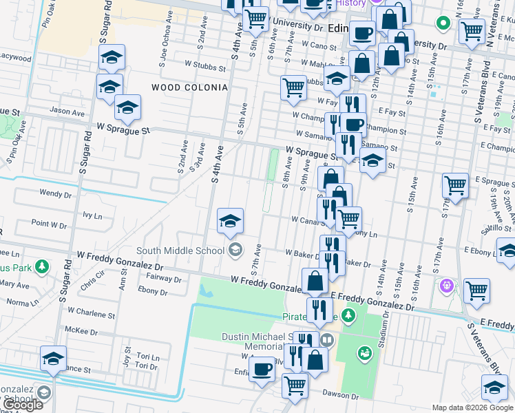 map of restaurants, bars, coffee shops, grocery stores, and more near 1110 S 6th Ave in Edinburg