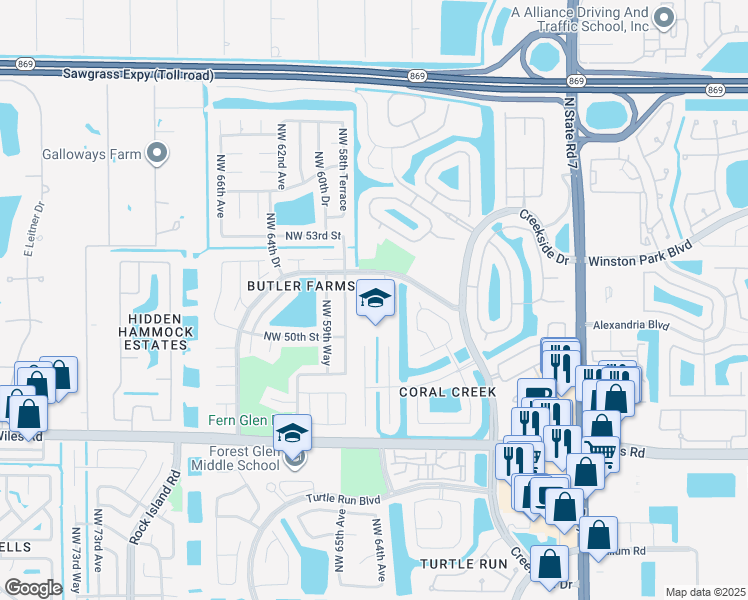 map of restaurants, bars, coffee shops, grocery stores, and more near 5800 Northwest 66th Terrace in Coral Springs