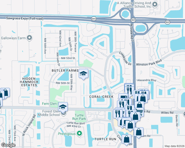 map of restaurants, bars, coffee shops, grocery stores, and more near 5754 Northwest 50th Drive in Coral Springs