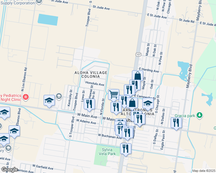 map of restaurants, bars, coffee shops, grocery stores, and more near 404 Honolulu Avenue in Alton