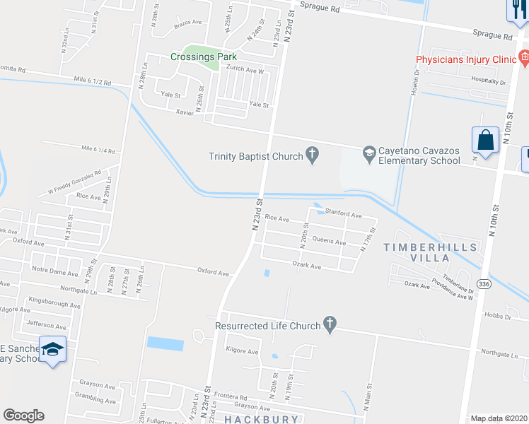 map of restaurants, bars, coffee shops, grocery stores, and more near 2124 Rice Avenue in McAllen